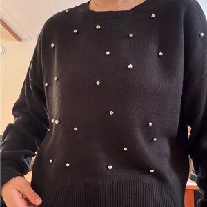 H&M Black Crewneck Sweater with Pearl Studs